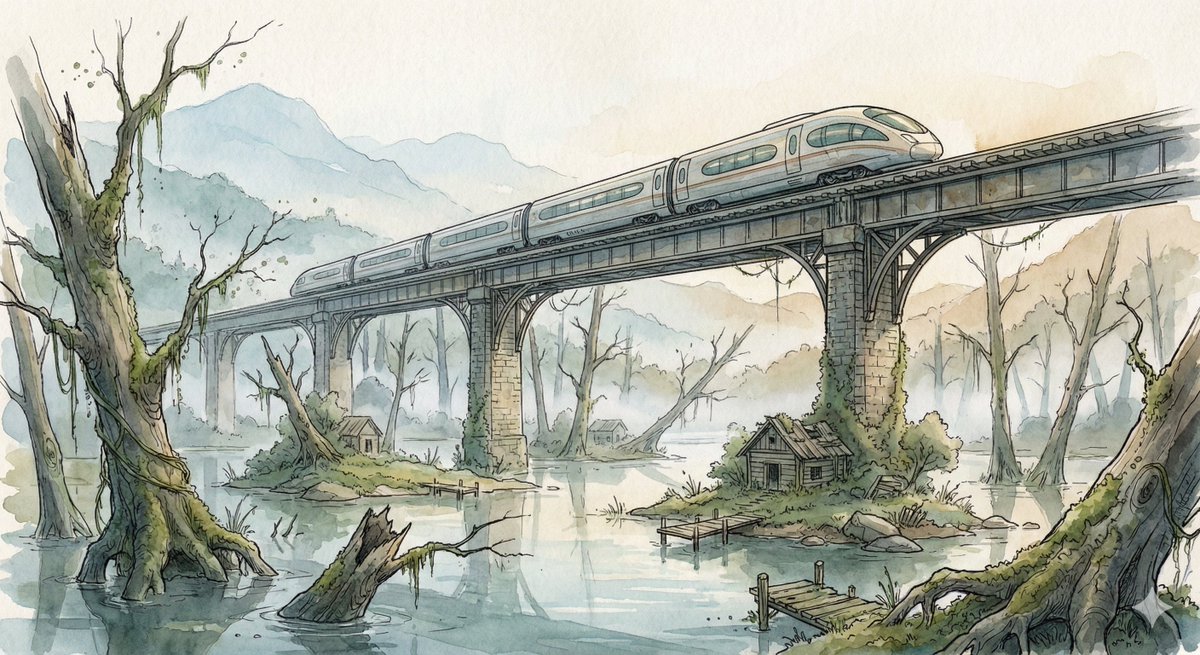 Preview image for Fantasy Watercolor Illustration of an Elevated Rail Bridge over Flooded Forest prompt