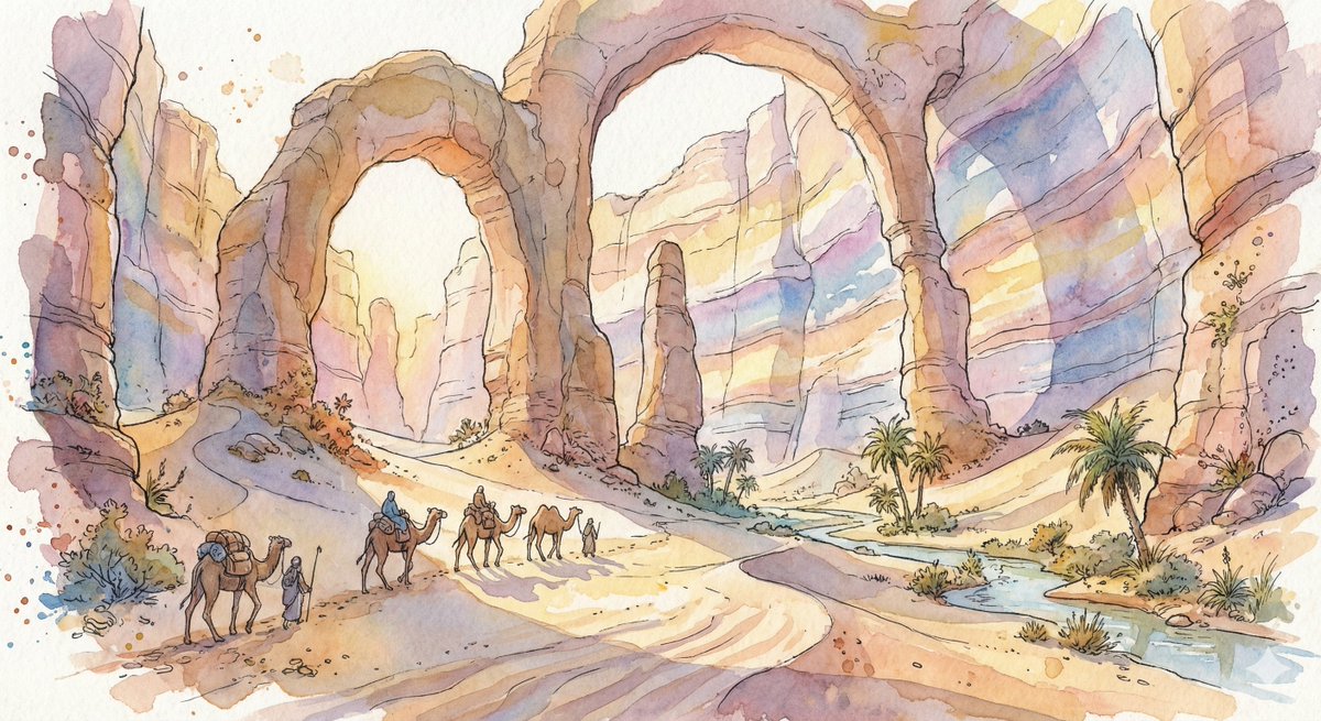 Preview image for Fantasy Watercolor Illustration of an Immense Desert Canyon prompt