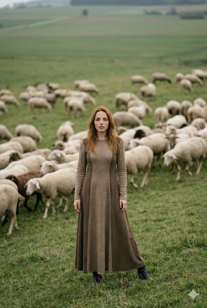 Fashion-Meets-Documentary Portrait in a Pastoral Setting - AI提示詞