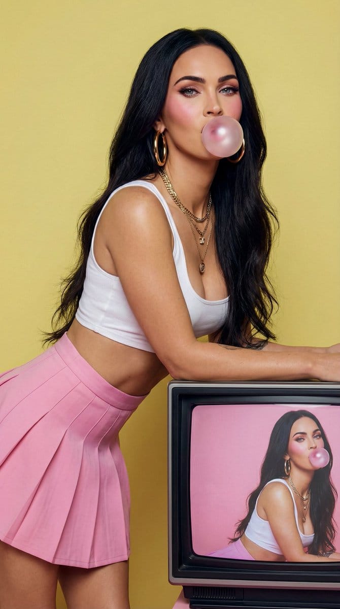 Fashion Editorial: Woman Blowing Bubblegum on Retro TV - Prompt de IA