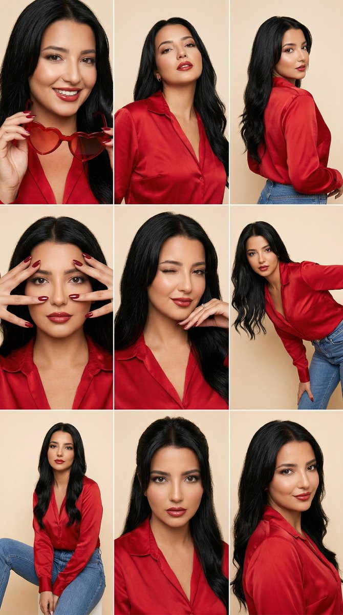 Preview image for Fashion Editorial Grid Prompt (Red Satin Heart Glasses) prompt