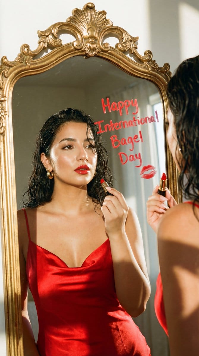 Fashion Editorial Mirror Selfie with Lipstick Message - AI提示词