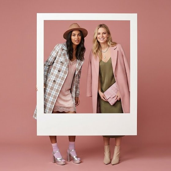 Preview image for Fashion editorial with two models in a polaroid frame prompt