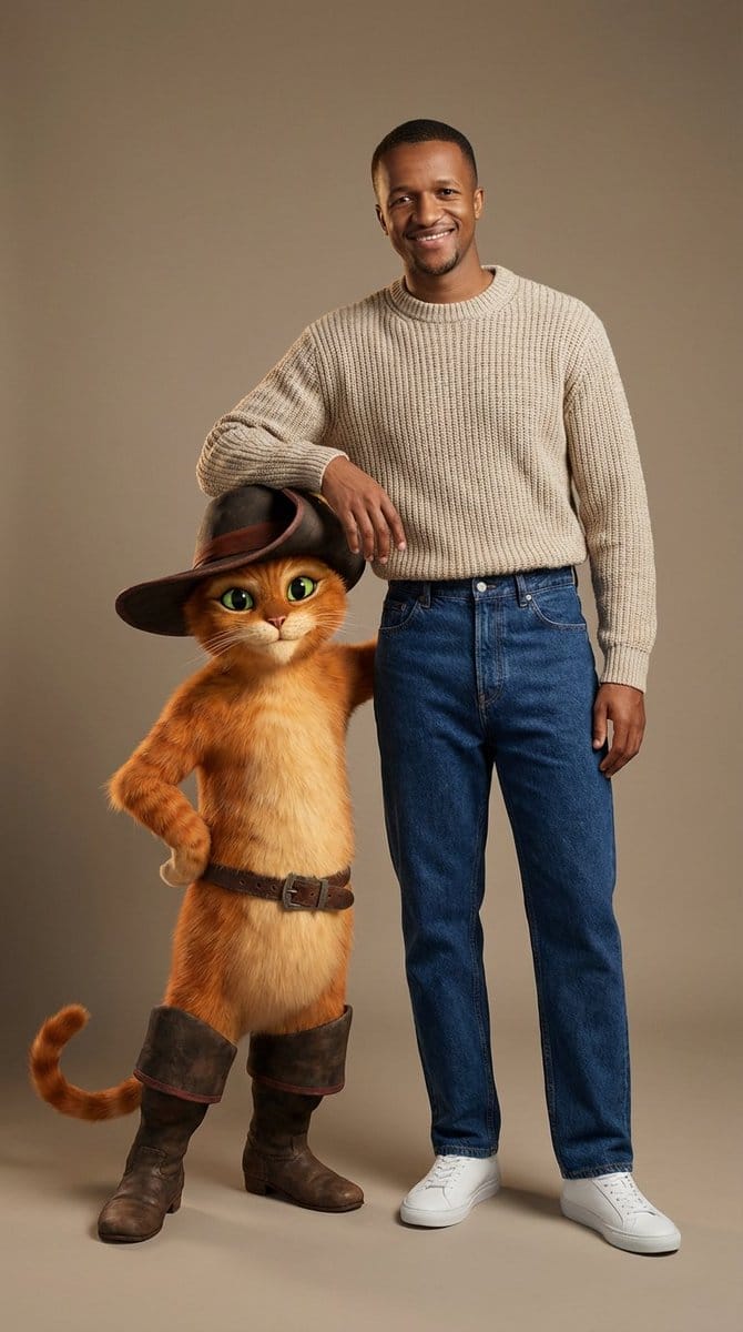 Fashion Portrait with Puss in Boots 3D Character - Prompt IA