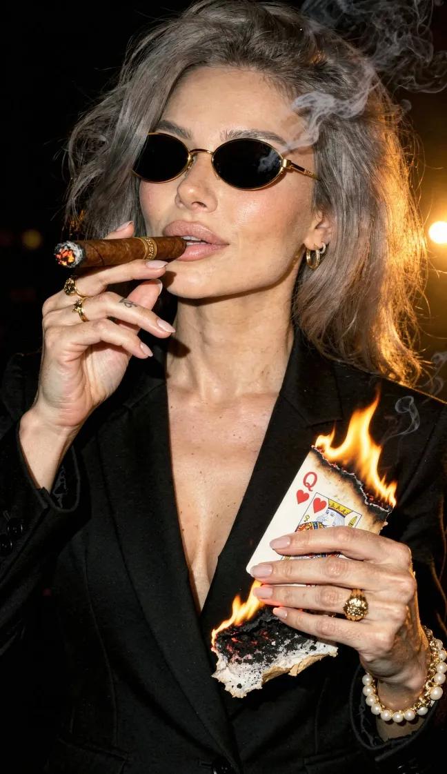 Film Noir Portrait with Cigar and Burning Card - KI-Prompt