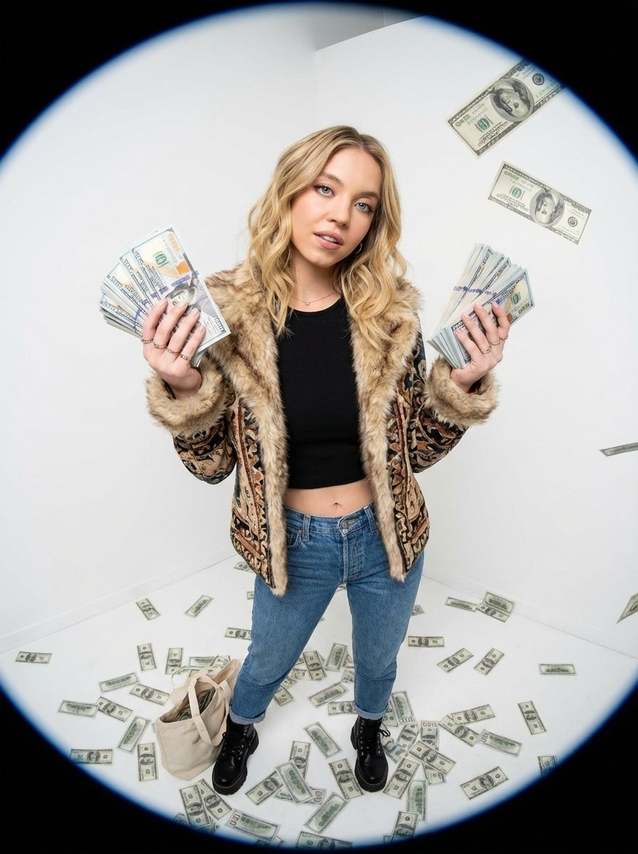 Preview image for Fisheye portrait with money in a white studio prompt