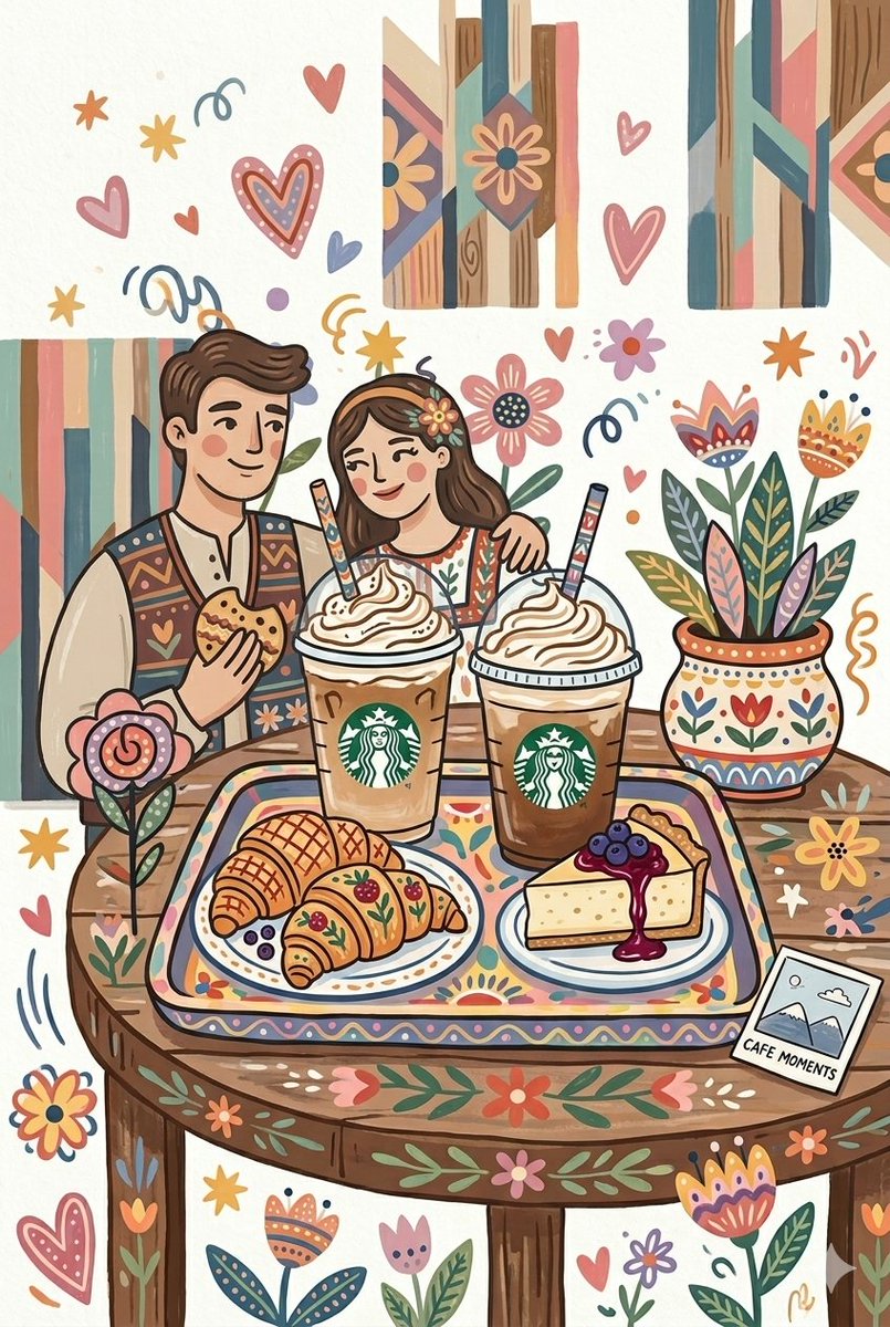 Preview image for Folk Art Cafe Date Illustration prompt