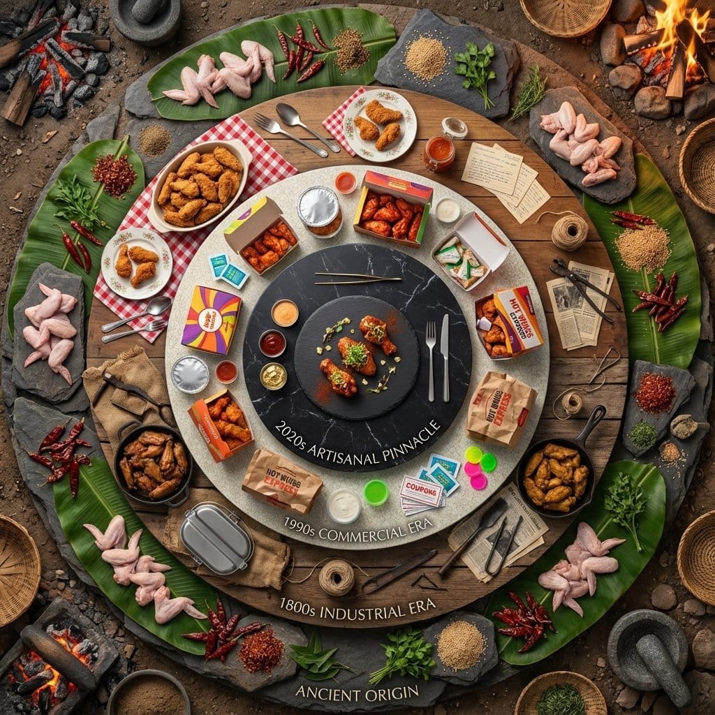 Food History Diorama in Mandala Format (Spicy Chicken Wings) - KI-Prompt