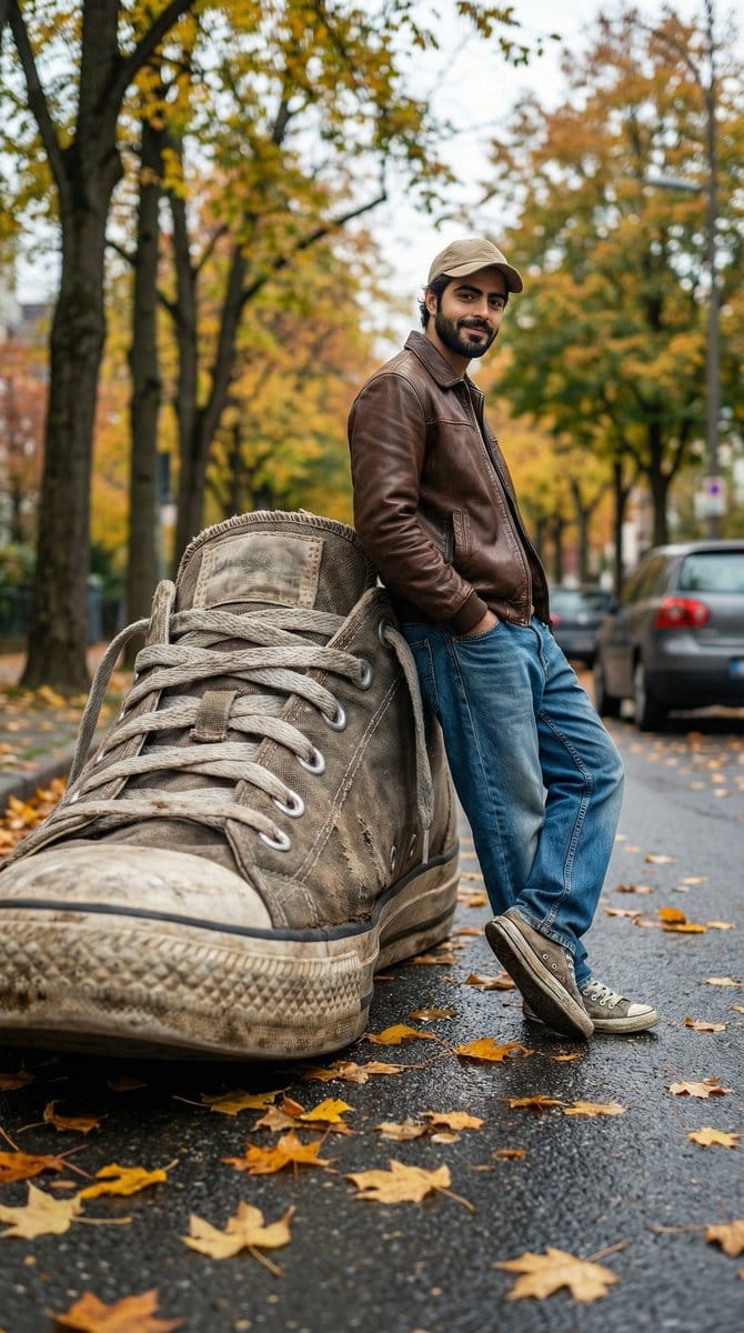 Forced-Perspective Giant Sneaker Street Scene - AI提示词
