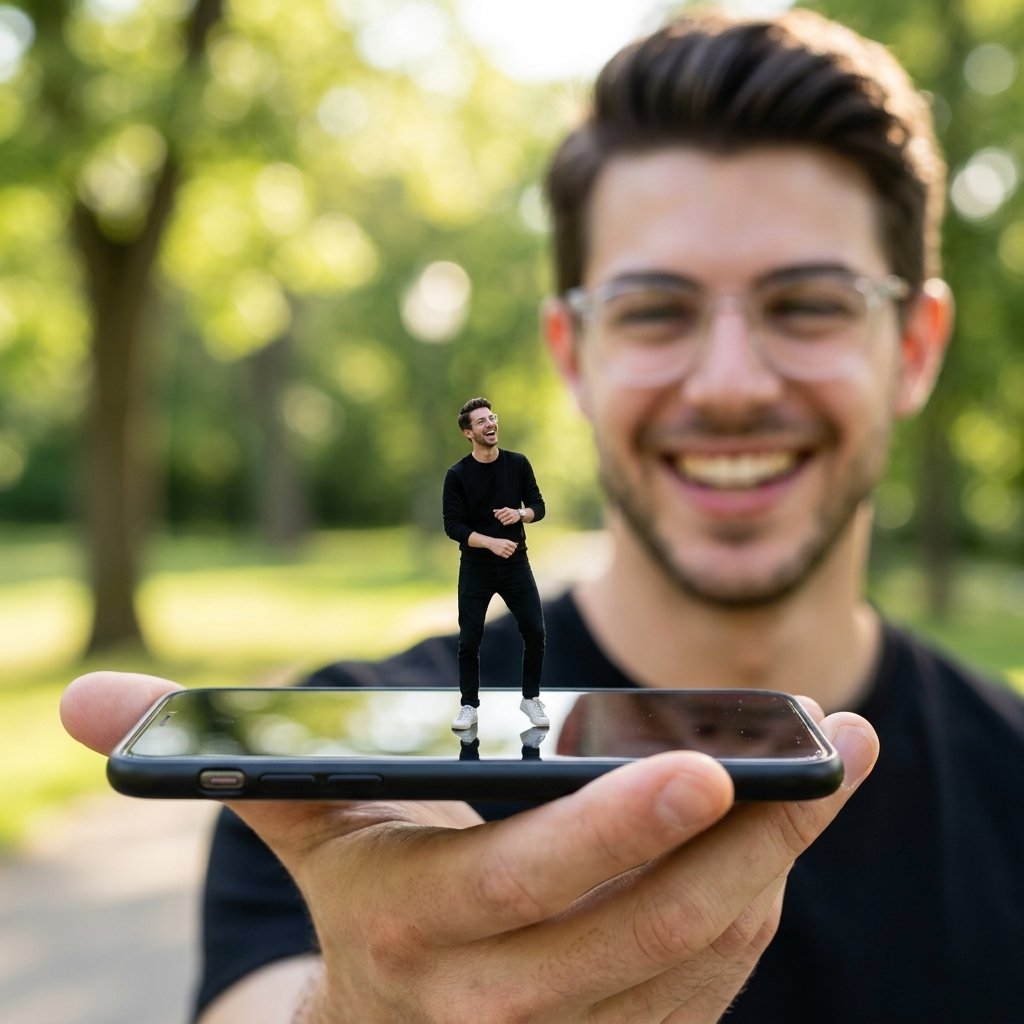 Preview image for Forced Perspective Miniature Self on Smartphone Screen prompt