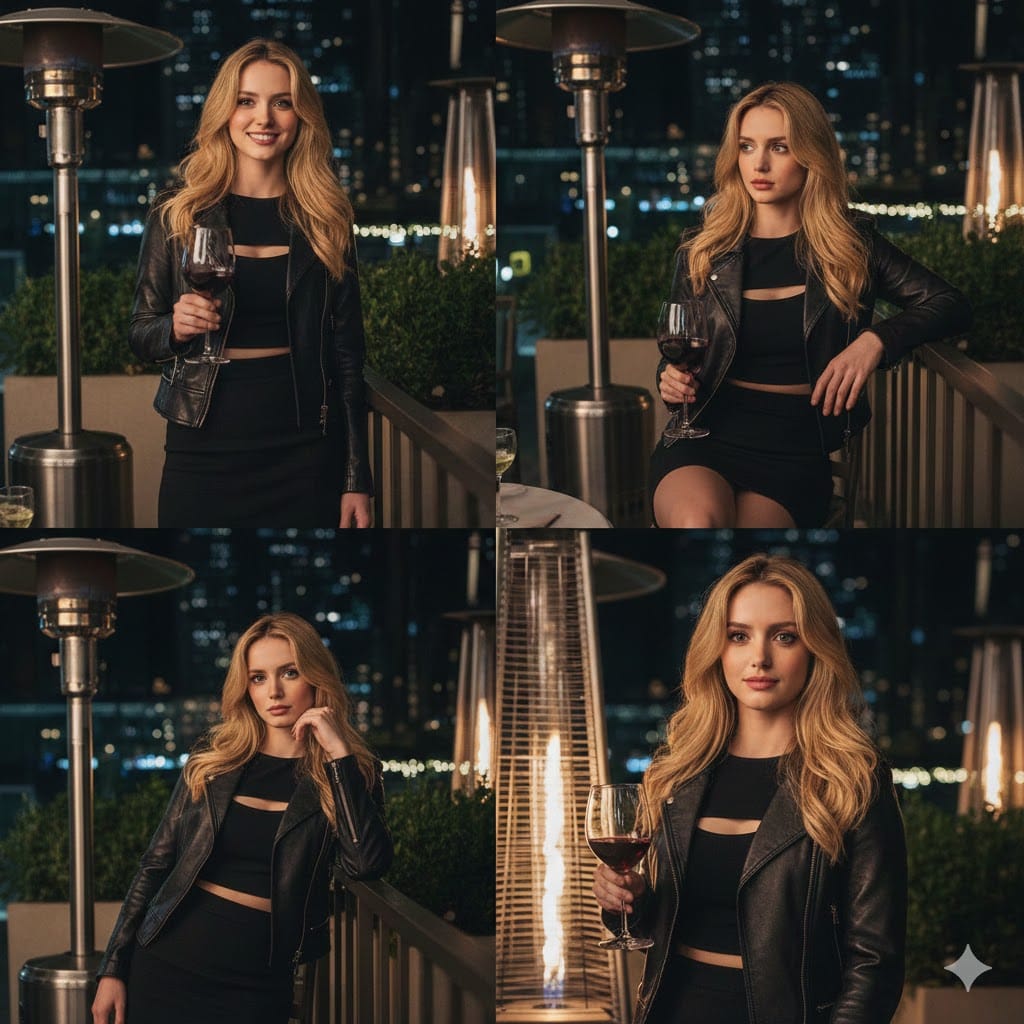 Four-Image Collage Prompt for Nightlife Scene - AI Generated Character Style Image Example