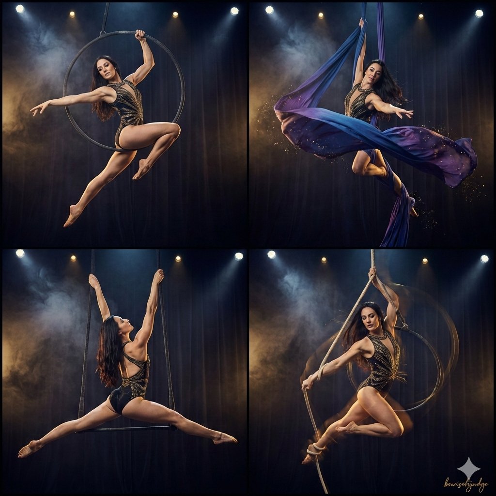 Preview image for Four-Panel Aerial Circus Composition prompt