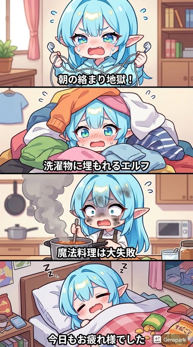 Four-panel comic about a clumsy elf - AI Generated AI Art Style Image Example