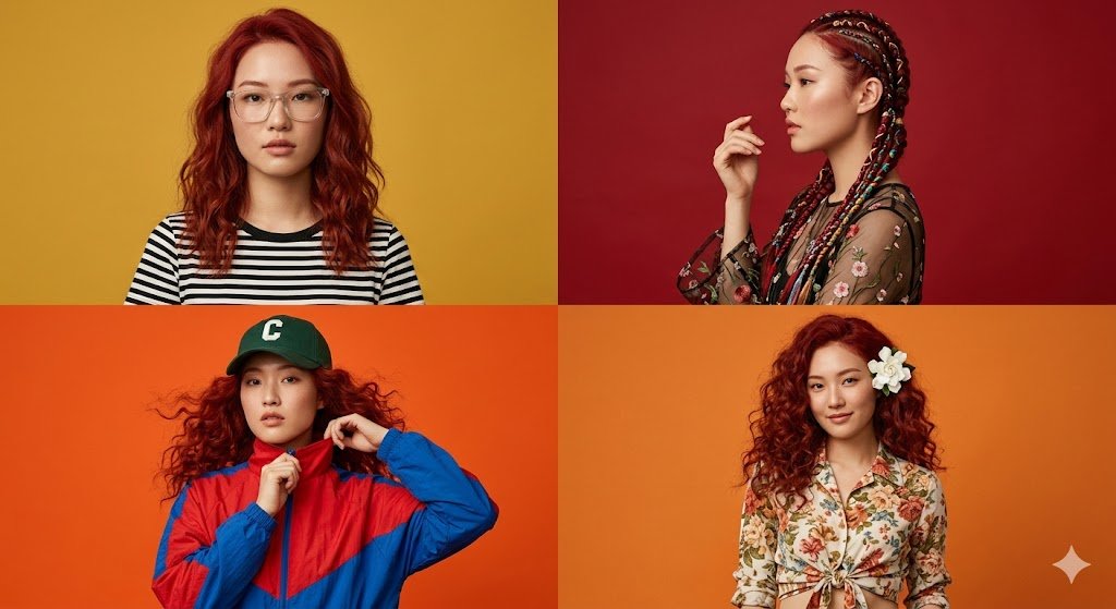 Preview image for Four-Panel Fashion Collage of a Woman with Red Hair prompt