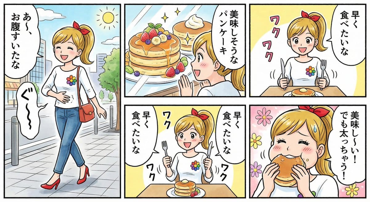 Four-panel manga about a hungry woman and pancakes - AI Generated AI Art Style Image Example
