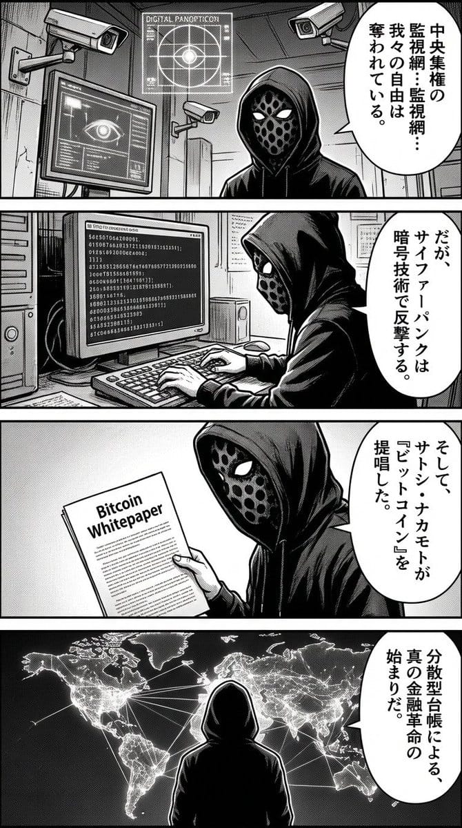 Four-panel manga about Bitcoin from cypherpunk view - AI Generated Character Style Image Example