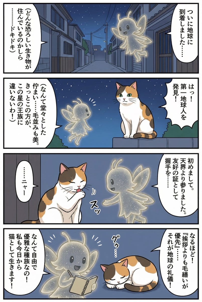 Four-panel manga of a fairy who thinks Earth is a cat planet - AI Generated AI Art Style Image Example