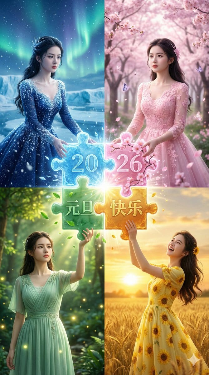 Four Seasons Puzzle for 2026 New Year Greeting - AI Generated Character Style Image Example