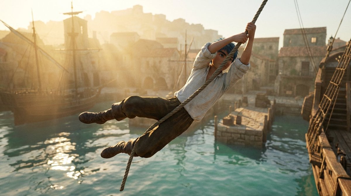 Frozen Action Shot of Character Swinging on a Rope - Prompt IA