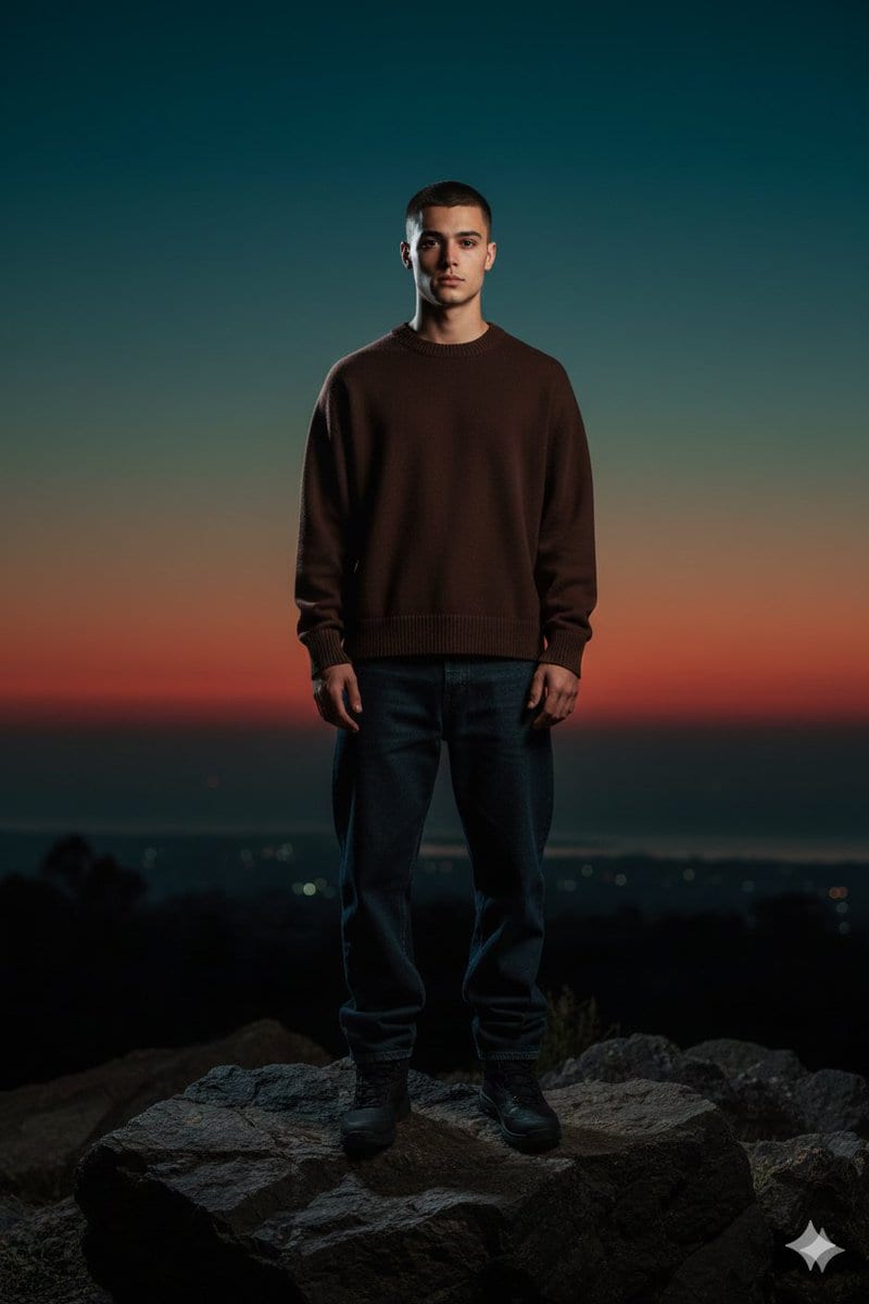 Full-Body Portrait with Frontal Flash at Blue Hour Sunset - AI Generated Character Style Image Example