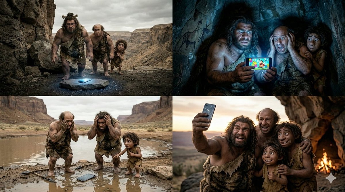 Preview image for Funny 4-Part Story: Primitive Men and a Mobile Phone prompt