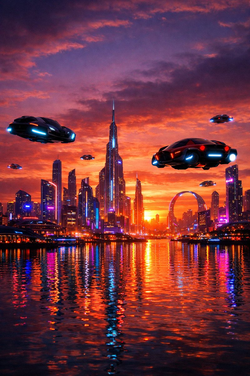 Futuristic City Skyline at Sunset Prompt - AI Generated Cyberpunk Style Image Example