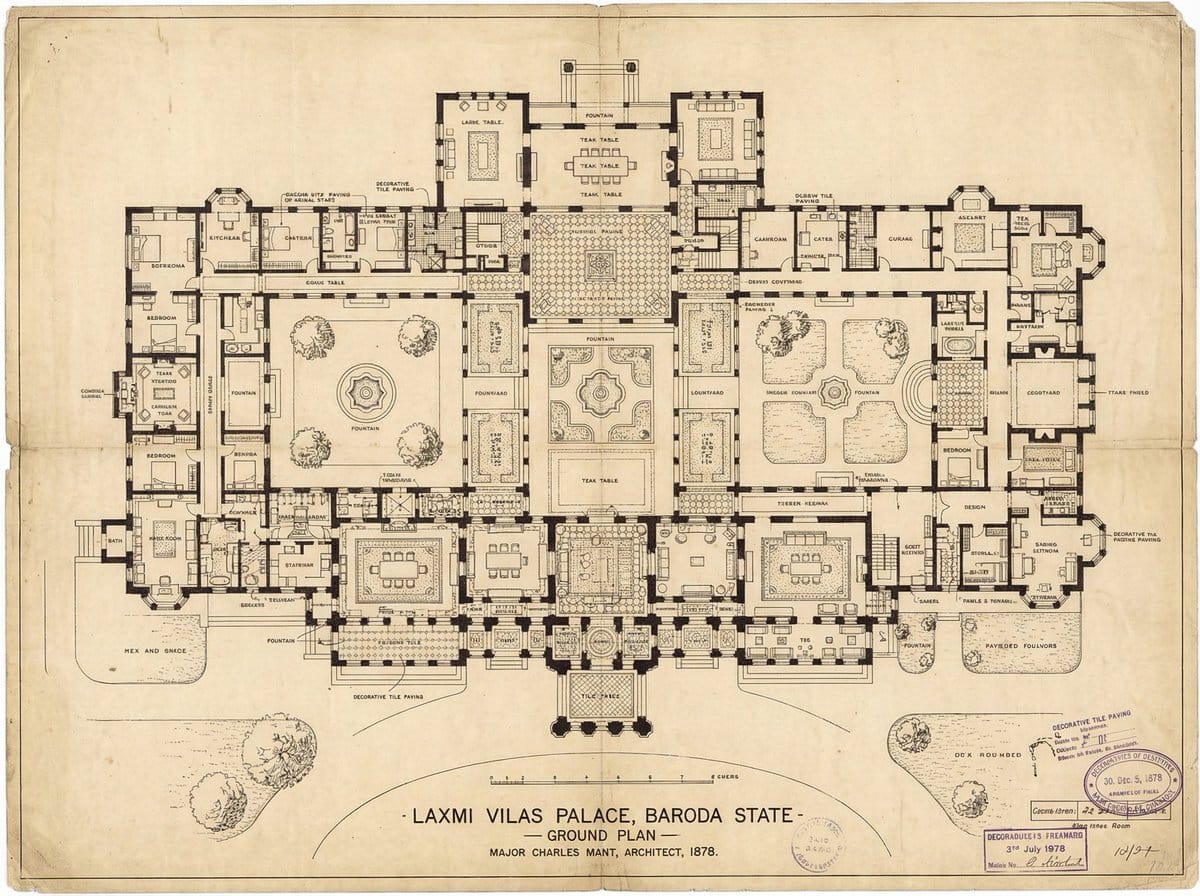 Generate detailed construction plan of Laxmi Vilas Palace from image - AI Generated AI Art Style Image Example