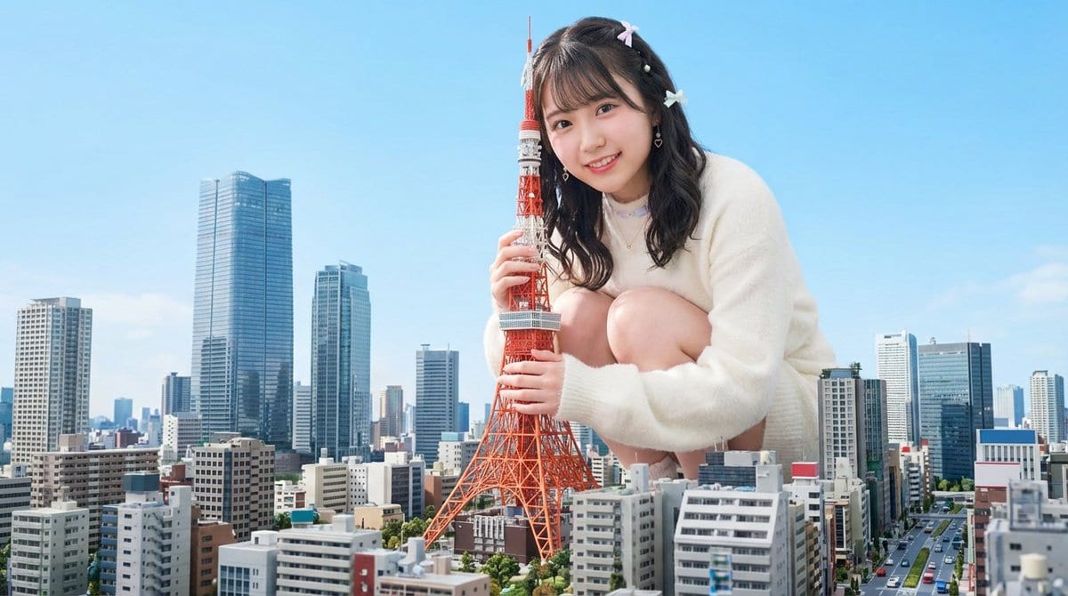 Giant Hugging Tokyo Tower Photo Prompt - AI Generated Realistic Style Image Example