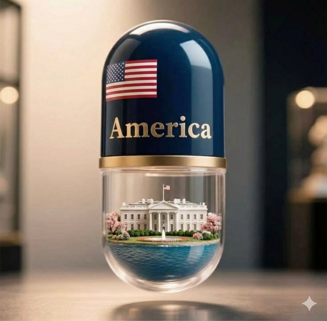 Preview image for Giant Pharmaceutical Capsule with White House Miniature prompt