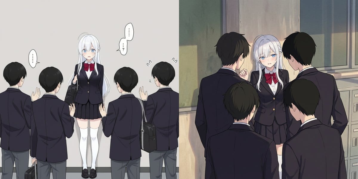 Girl cornered by three male students - AI Generated AI Art Style Image Example