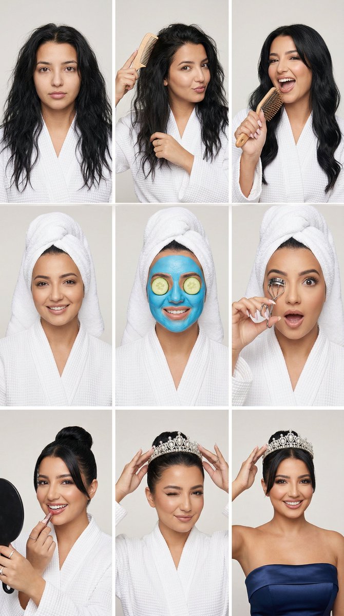 Preview image for Glam Spa to Tiara Story Grid (3x3 Identity Lock) prompt