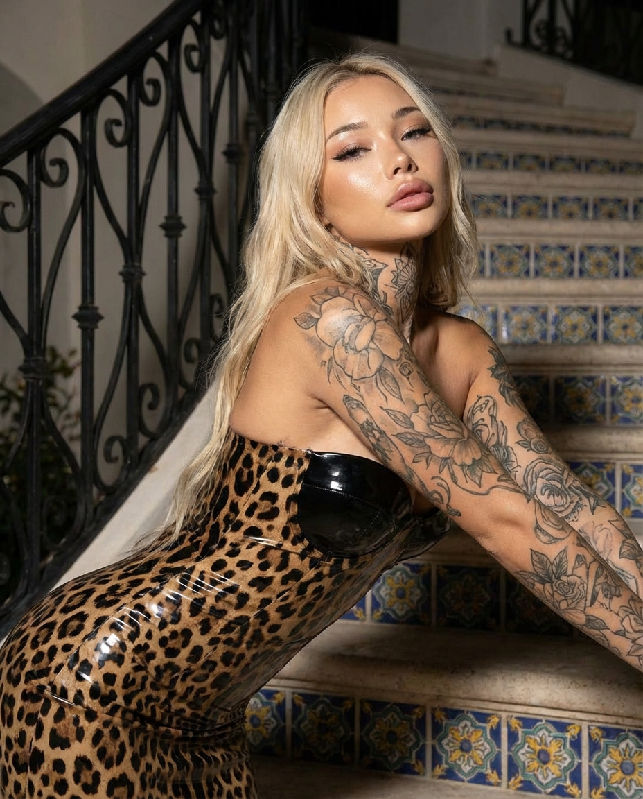 Glamorous Blonde Woman in Leopard Latex with Floral Tattoos