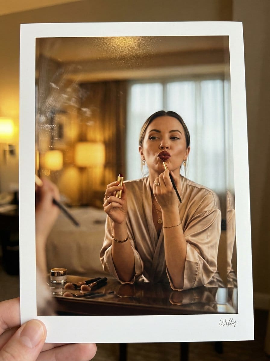 Glamorous Makeup Mirror Reflection Editorial Shot Prompt - KI-Prompt