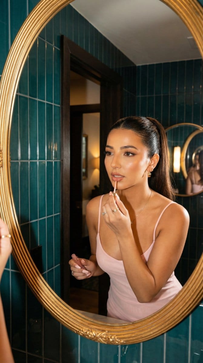 Glamorous Woman Applying Lip Gloss in Mirror Reflection - AI 프롬프트