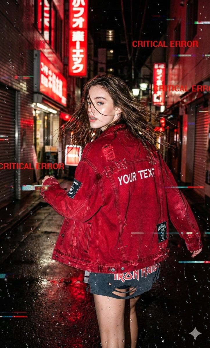 Glitchy Neo-Tokyo Street Style Photo with Red Neon - AI Generated Realistic Style Image Example