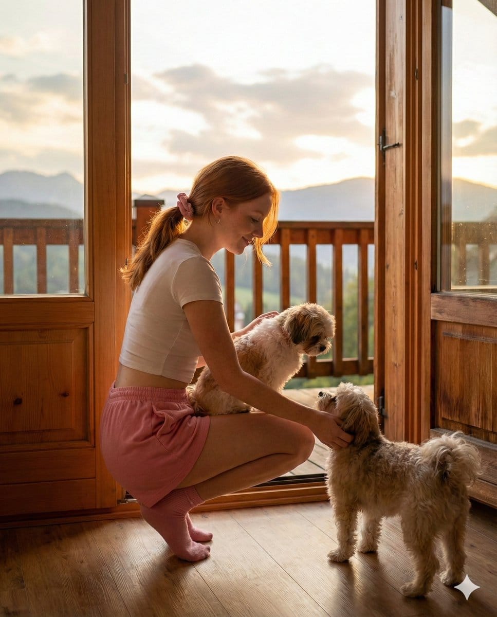 Golden Hour Cabin Portrait with Puppies Prompt - AI Generated Character Style Image Example