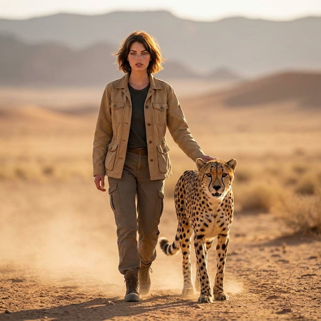 Golden Hour Desert Photo of Woman and Cheetah - AI Prompt
