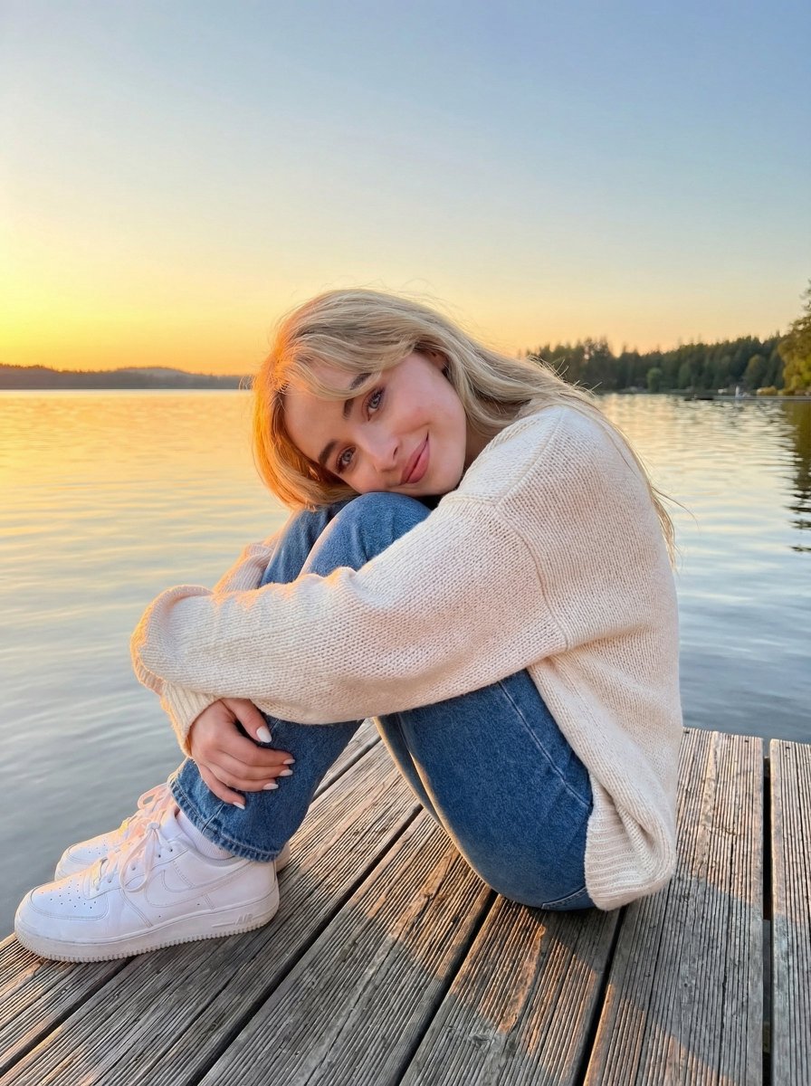 Preview image for Golden Hour Sunset Portrait on a Lakeside Dock prompt