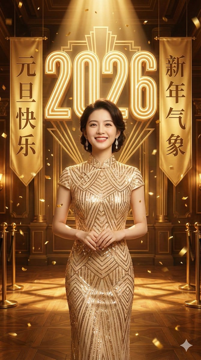 Golden New Year 2026 Celebration Portrait Prompt - AI Generated Character Style Image Example