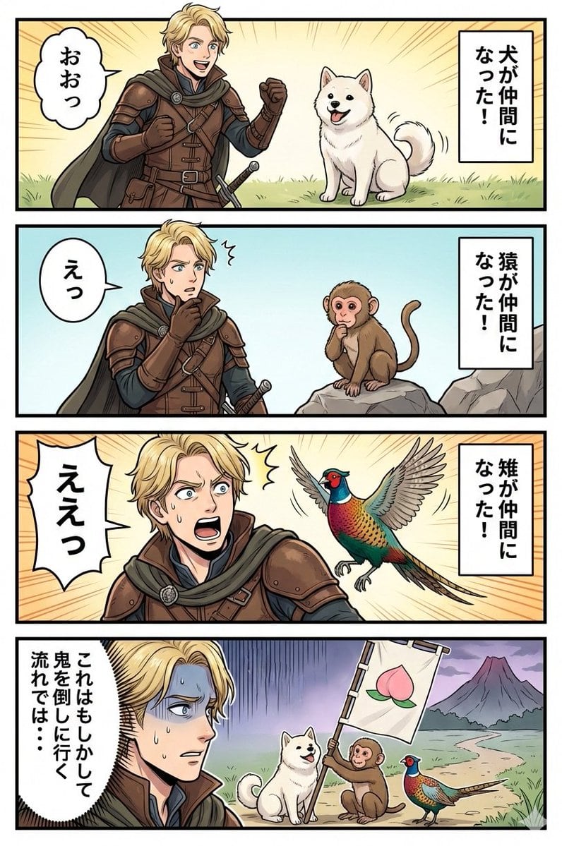 Google Nano Banana Manga: One Person and Three Animals - AI Generated Character Style Image Example