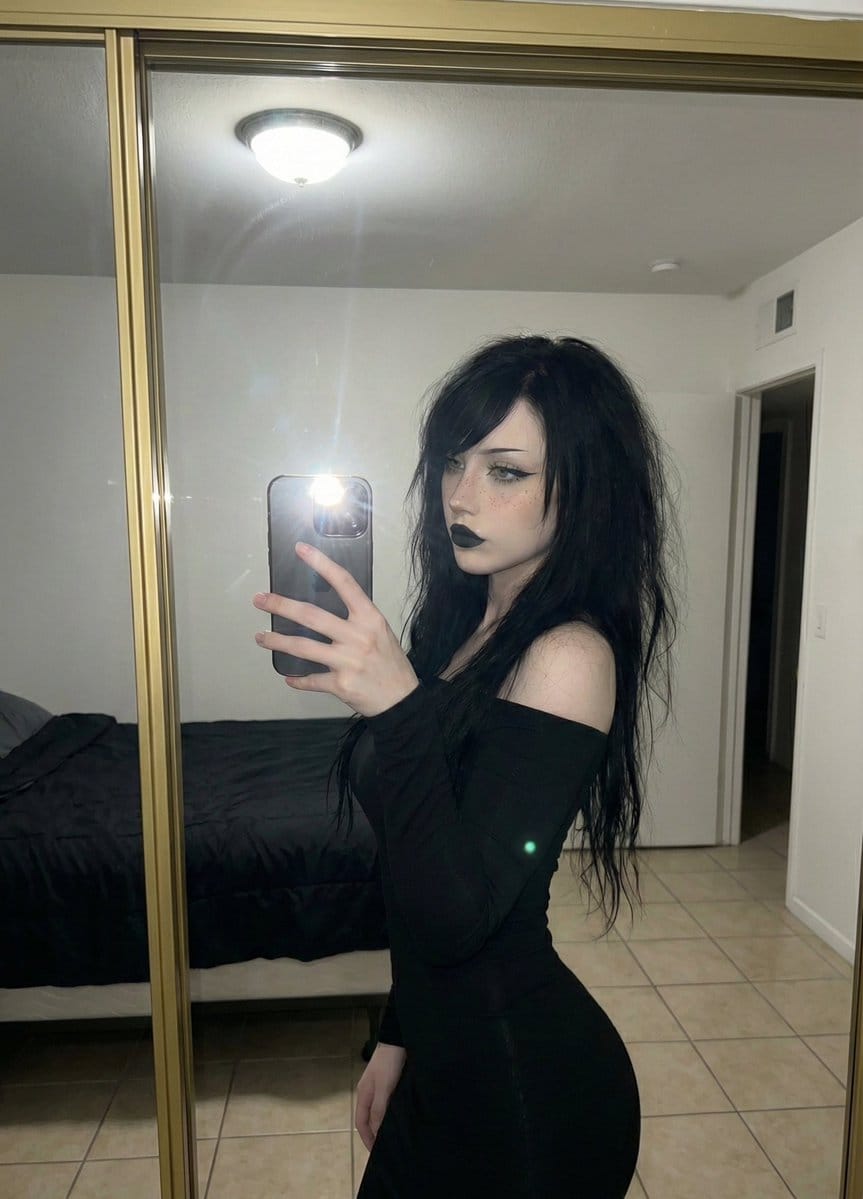 Goth-Glam Mirror Selfie with Flash Photography - KI-Prompt