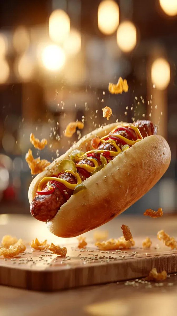 Preview image for Gourmet Hotdog Mid-Air Drop Cinematic Shot prompt