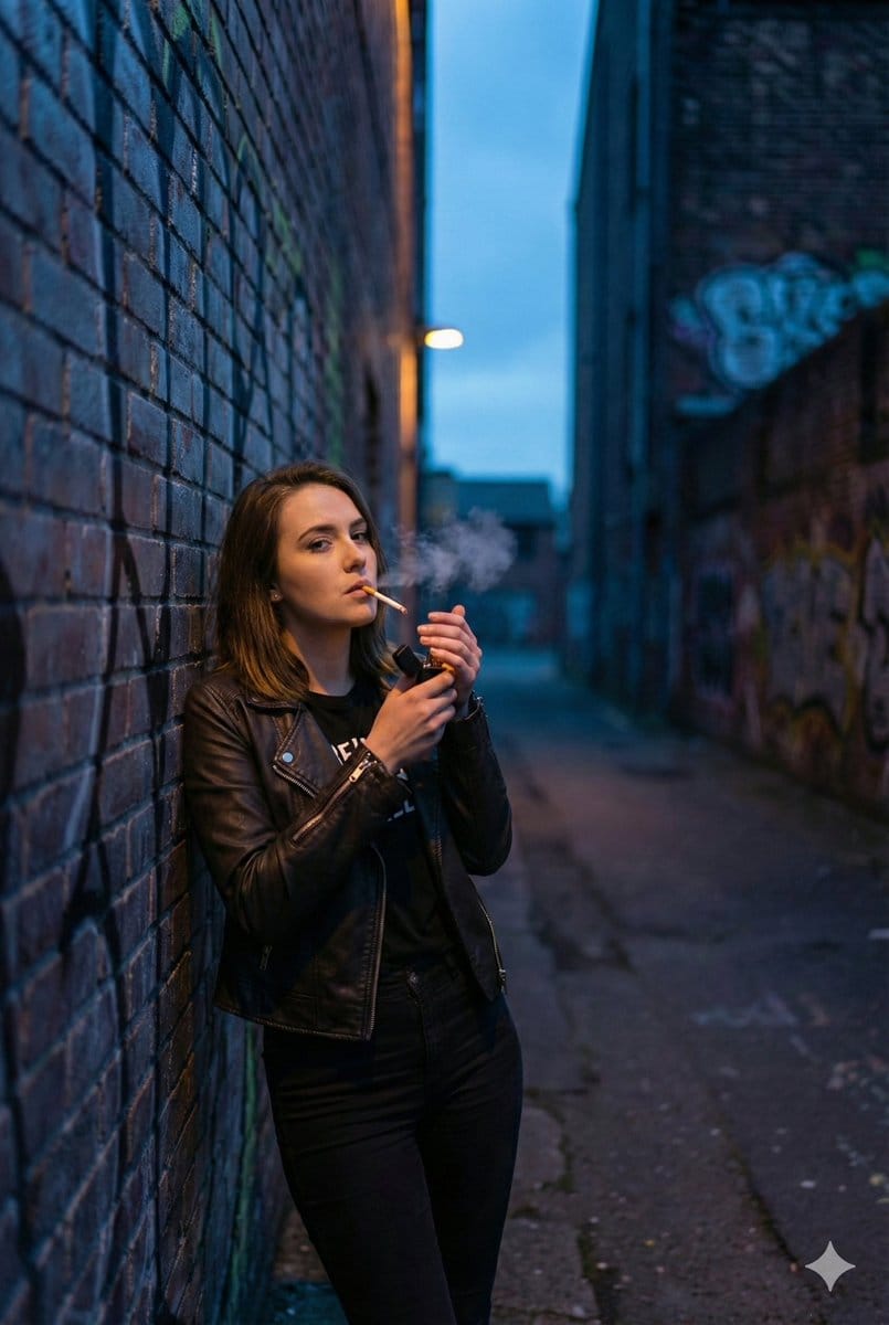 Gritty Cinematic Alleyway Portrait at Twilight - KI-Prompt