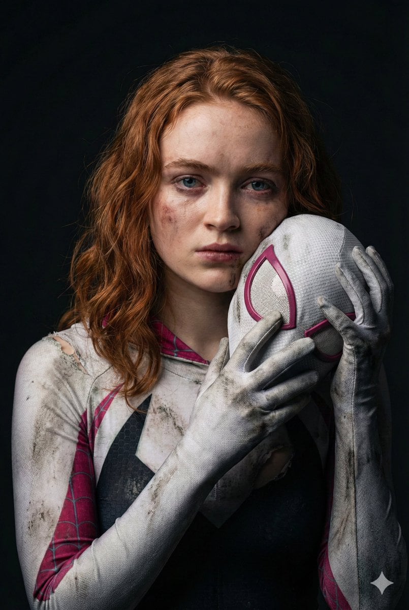 Gritty Cinematic Portrait of Sadie Sink as Injured Ghost-Spider - KI-Prompt