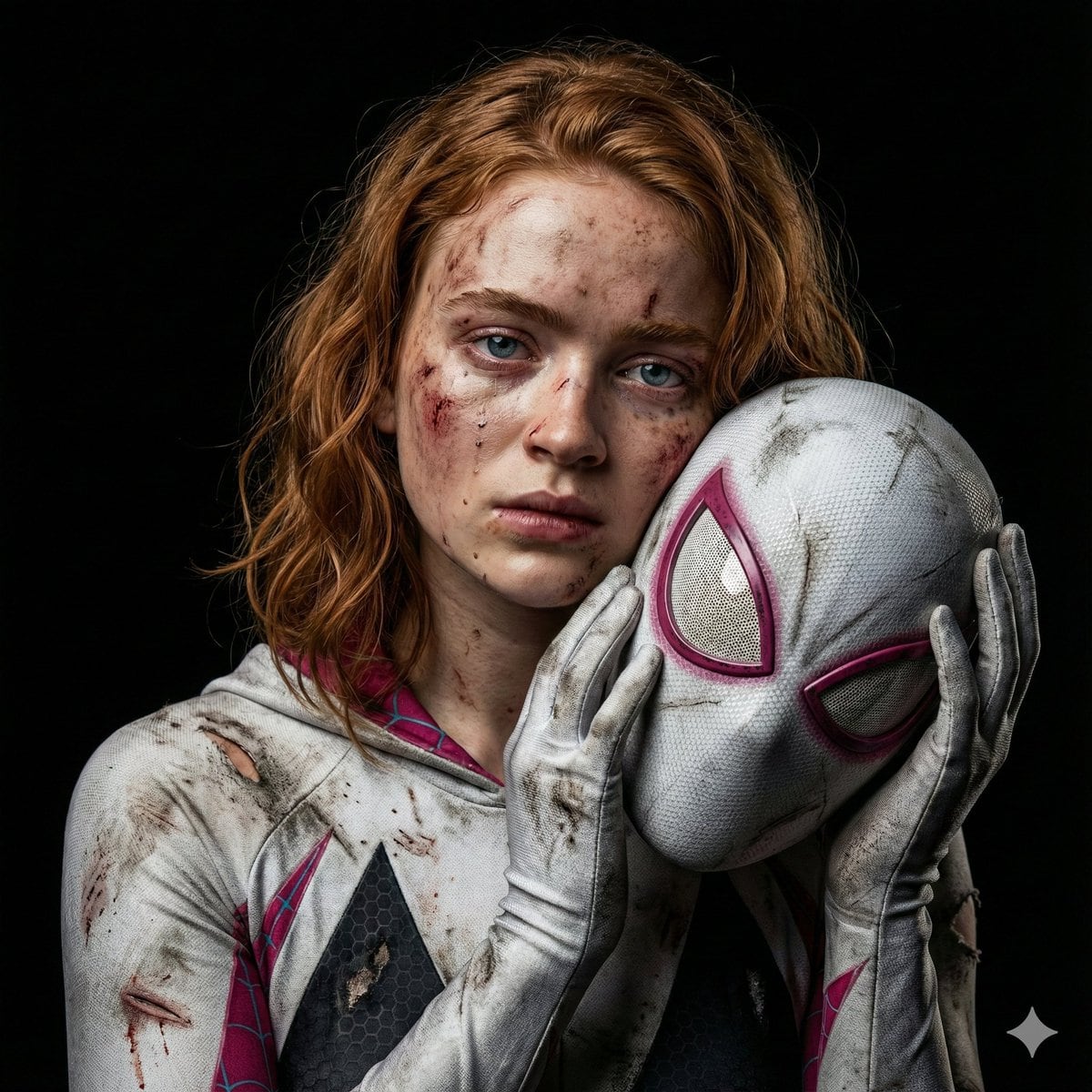 Gritty Cinematic Portrait of Sadie Sink as Injured Ghost-Spider (Duplicate) - KI-Prompt