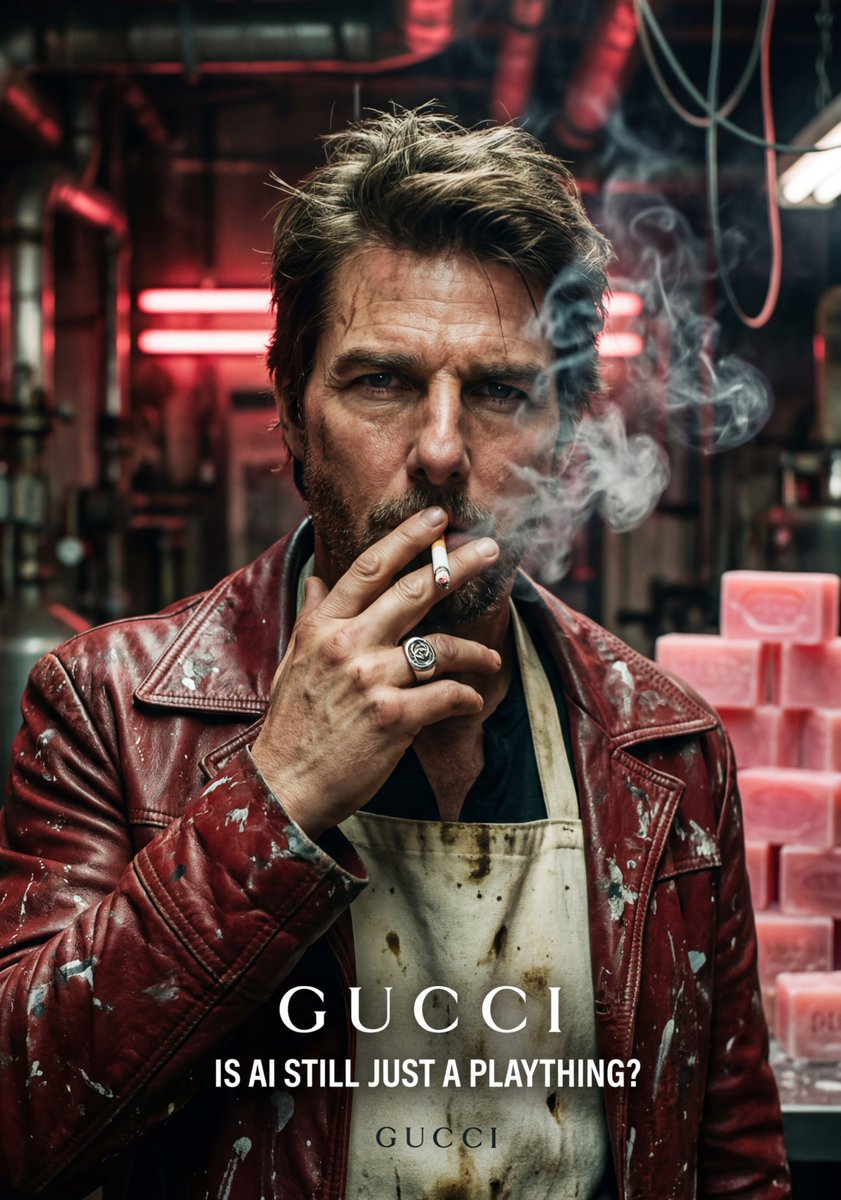 Preview image for Gritty Tom Cruise Portrait with GUCCI Branding prompt