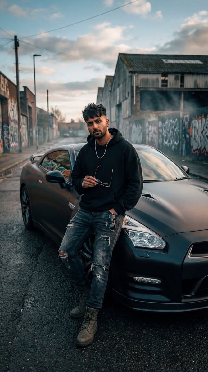 Grunge Street Photography Portrait with a Sports Car - AI 프롬프트