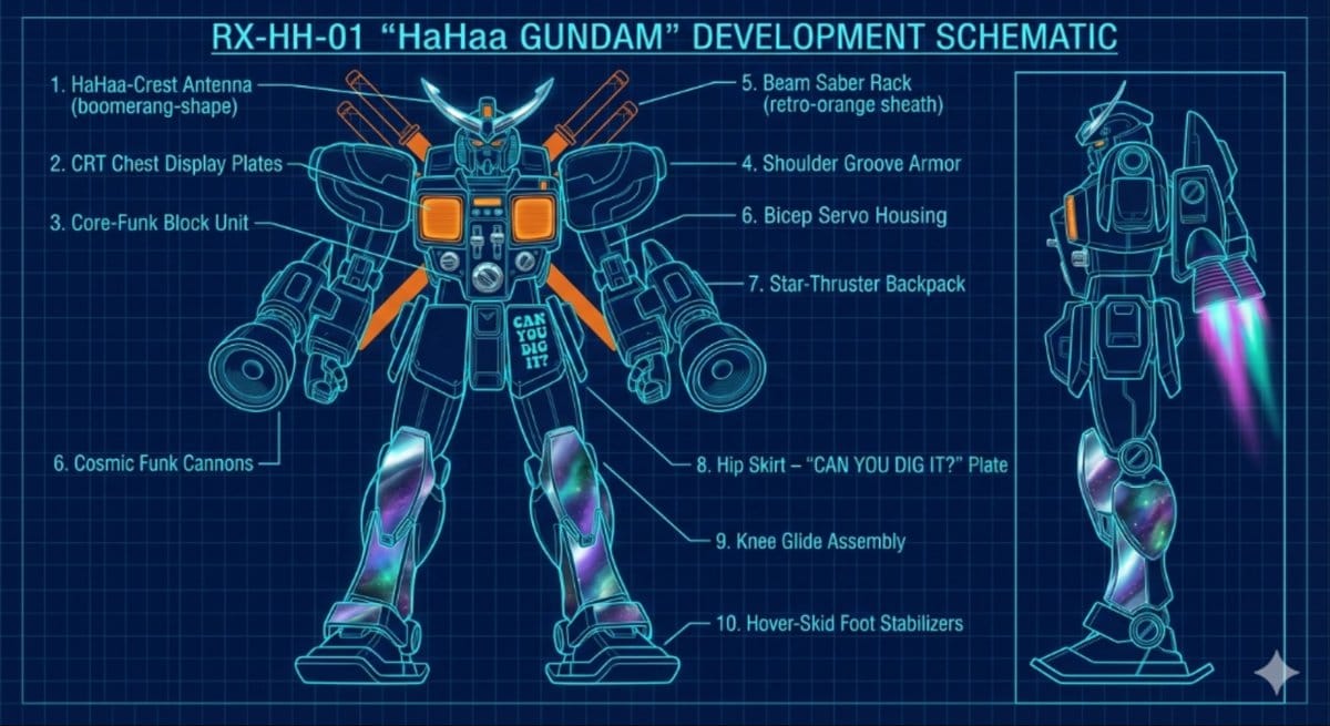 HaHaa Gundam blueprint concept - AI Generated Pixel art Style Image Example