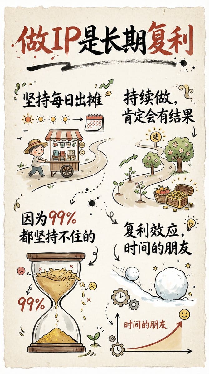 Hand-drawn infographic card about long-term IP building - AI Generated Character Style Image Example