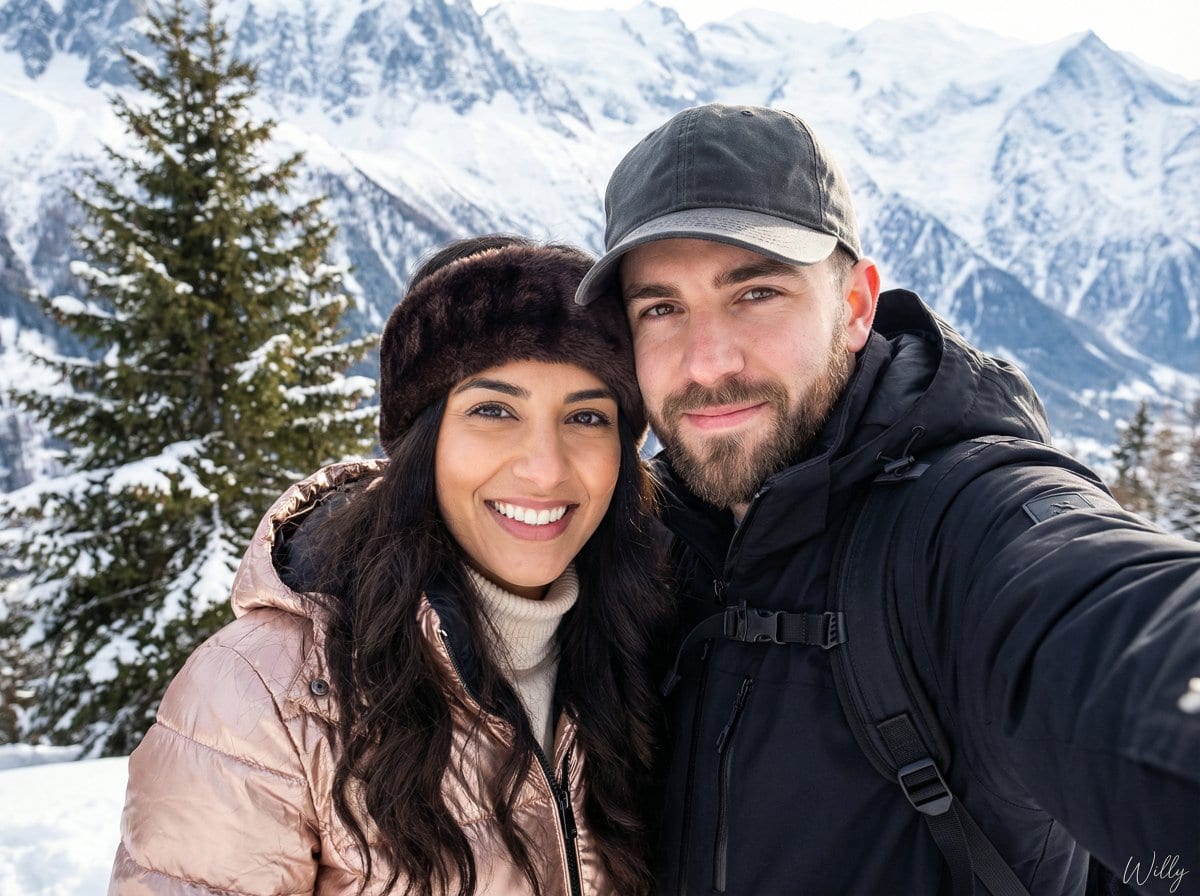 Happy Couple Snowy Mountain Selfie Prompt - AI Prompt